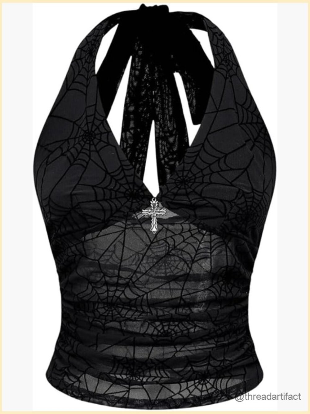 Y2K Gothic Goth Halter Top Mesh Sheer Backless Crop Top Rave Outfit